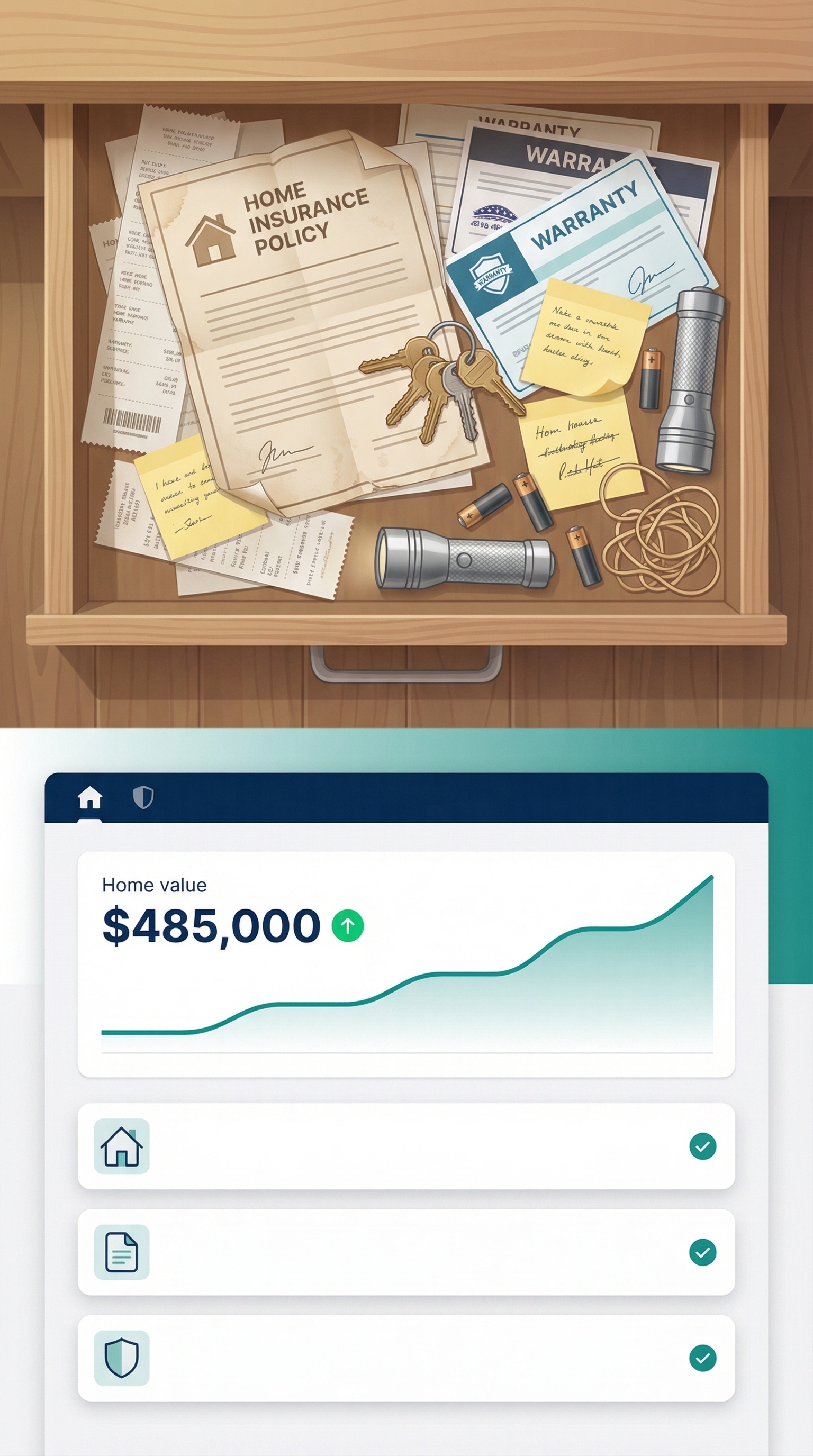 Vertical split: messy junk drawer above, clean NestKeepr dashboard below showing $485,000 home value