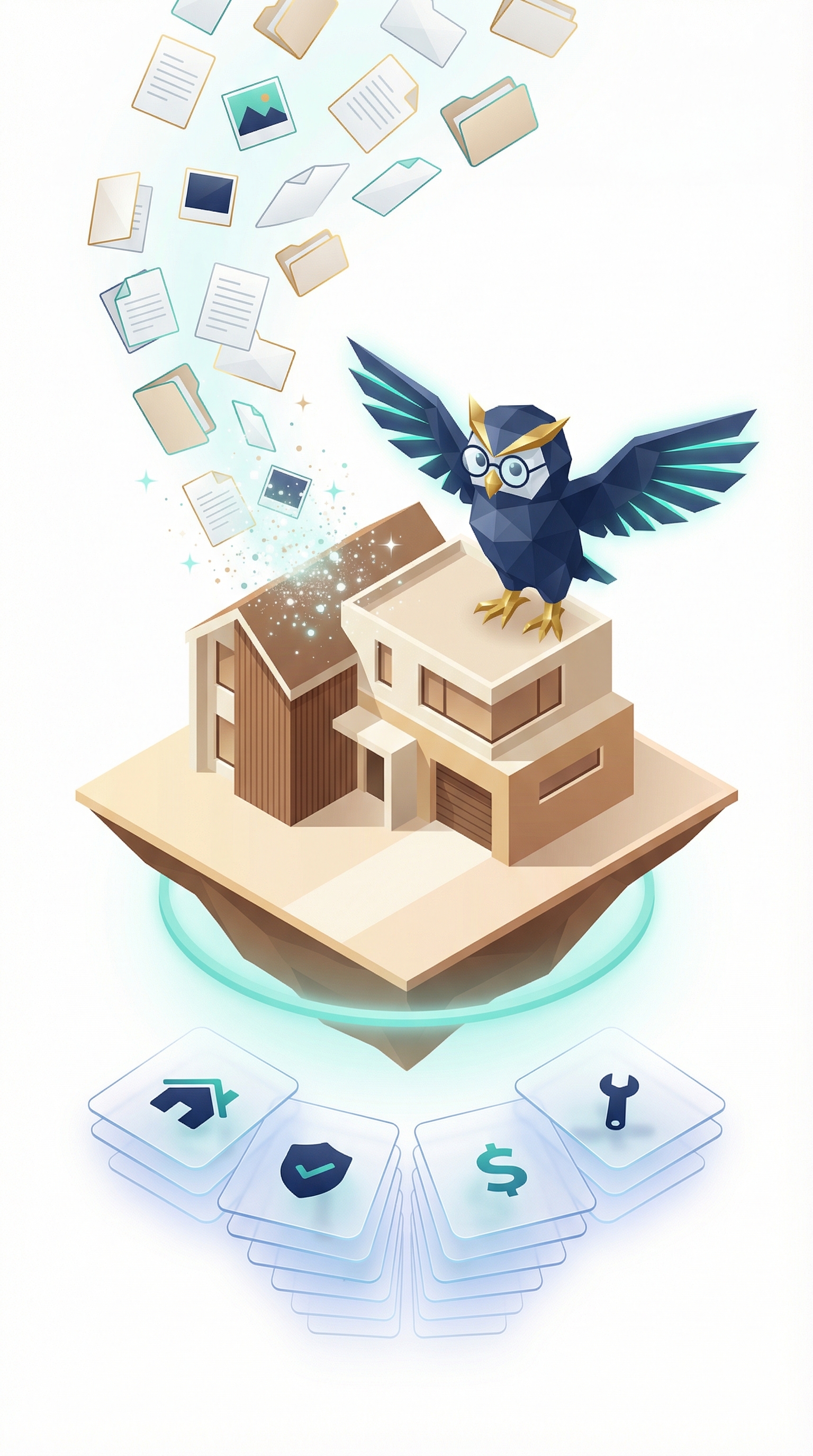 Nestor the owl on isometric home catching documents from above, organized cards below