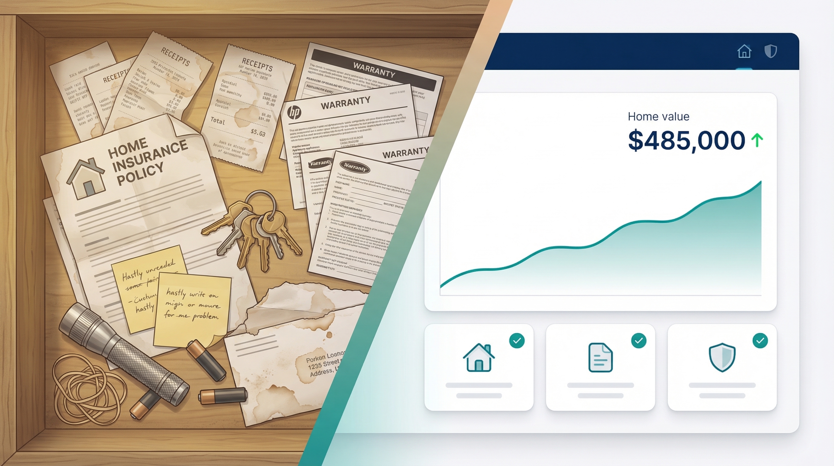 Split screen comparison: messy junk drawer with scattered home documents versus clean NestKeepr dashboard showing $485,000 home value