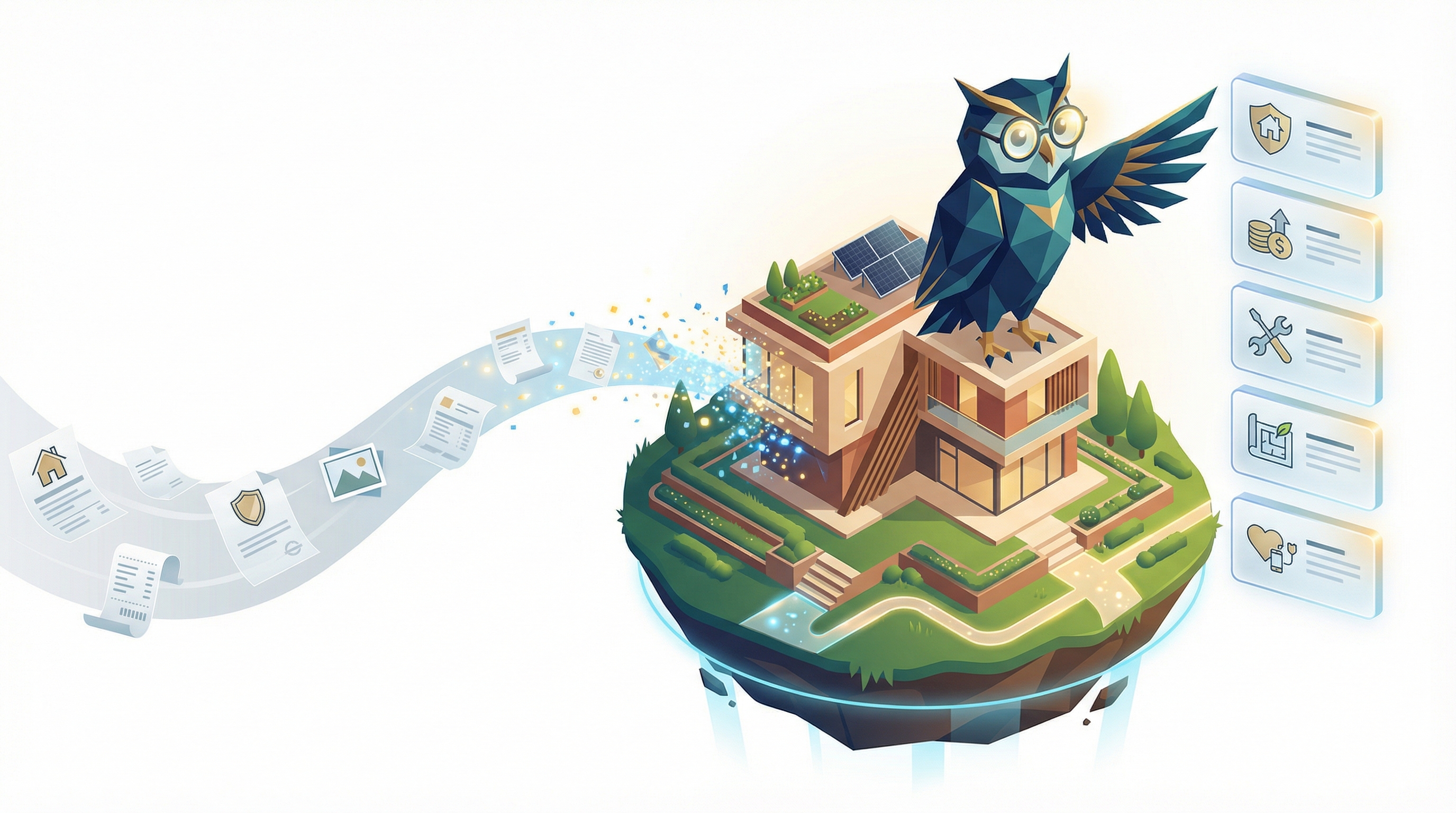 Isometric floating island with Nestor the owl managing documents flowing into organized dashboard cards